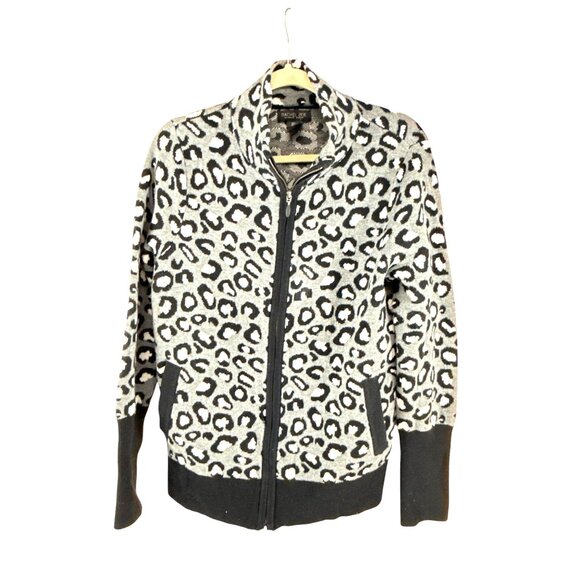 Rachel Zoe Leopard Print Zip Cardigan Jacket L Gray Black Cotton Blend Artsy - Picture 1 of 8